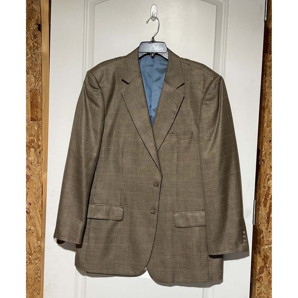 Alan Flusser Mens 44R Silk Worsted Wool Glen Plaid Blazer Sport Coat Brown Blue